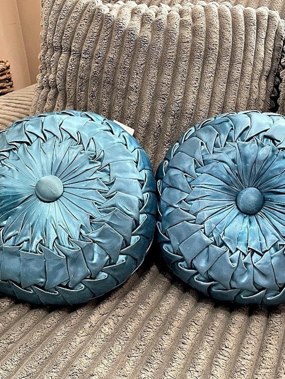 Teal Blue Pleated Round Vintage Accent Pillows Set of 2